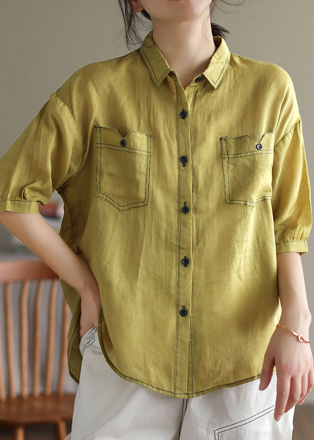 French Yellow Peter Pan Collar Patchwork Cotton Shirt Tops Summer