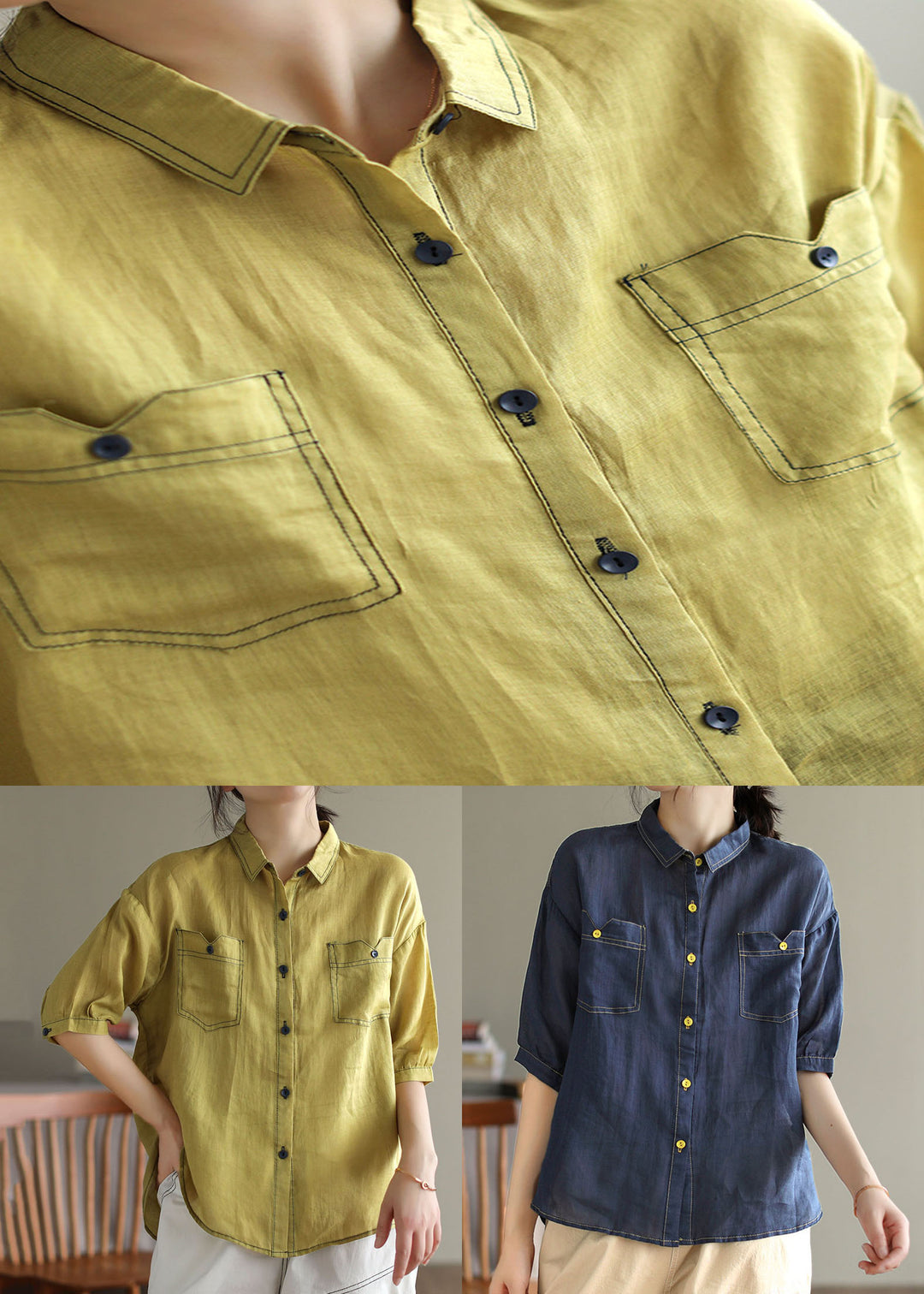 French Yellow Peter Pan Collar Patchwork Cotton Shirt Tops Summer