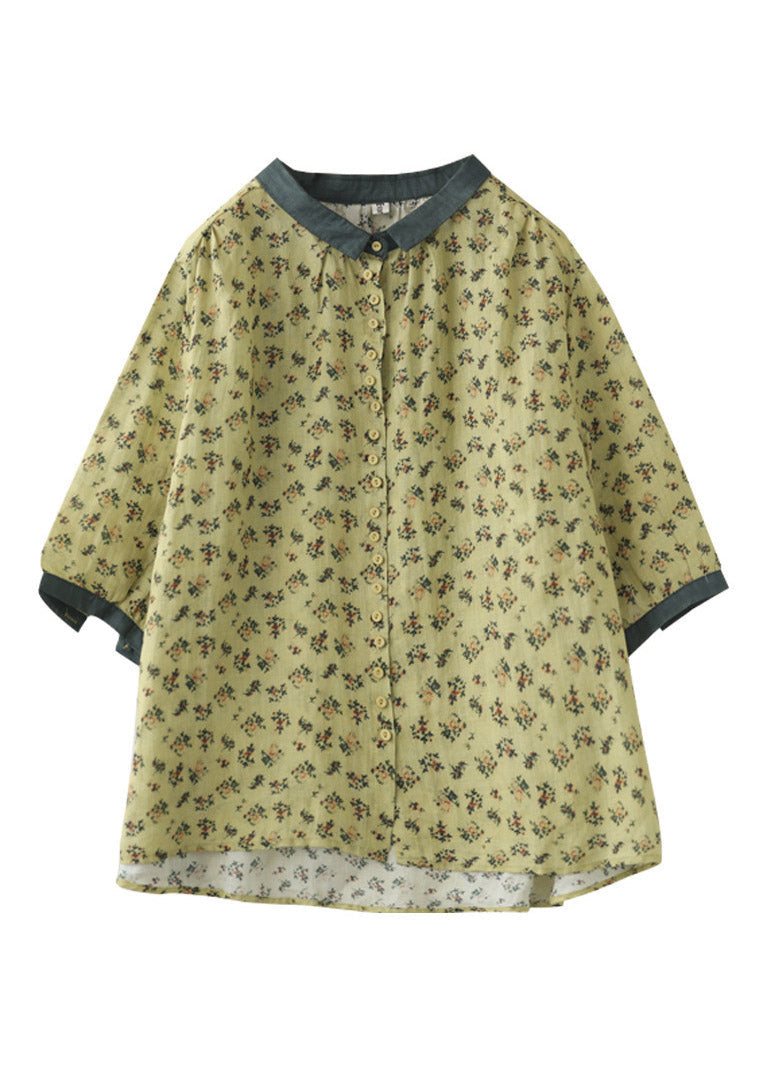 French Yellow Peter Pan Collar Print Button Linen Shirt Long Sleeve