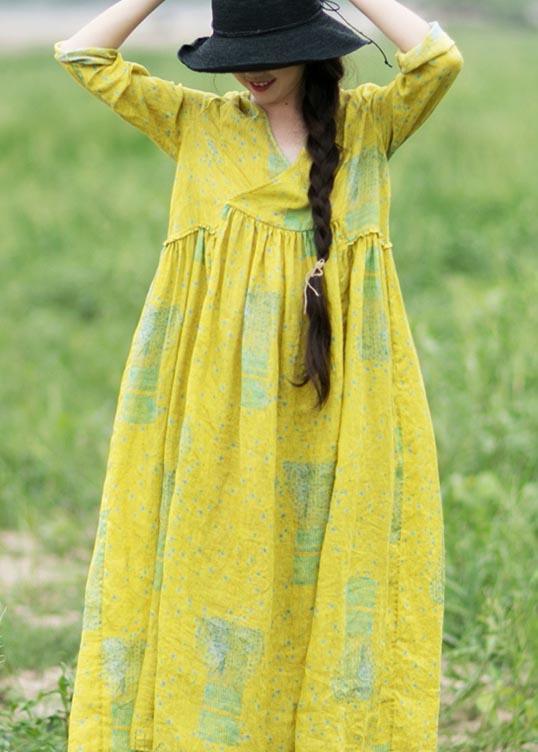 French Yellow Print Clothes Women V Neck Cinched Maxi Spring Dress - Omychic
