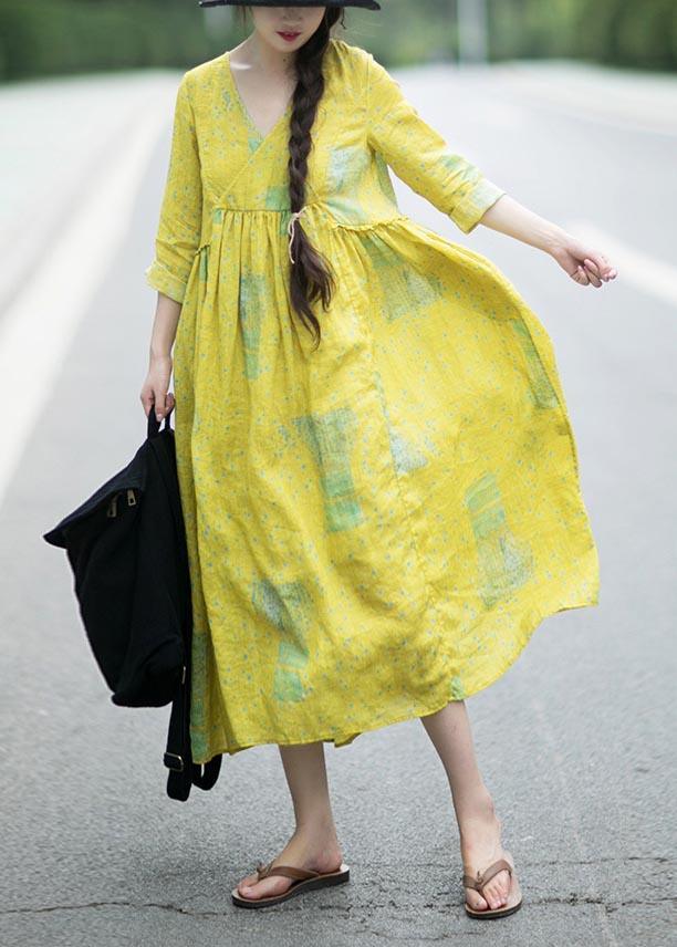 French Yellow Print Clothes Women V Neck Cinched Maxi Spring Dress - Omychic