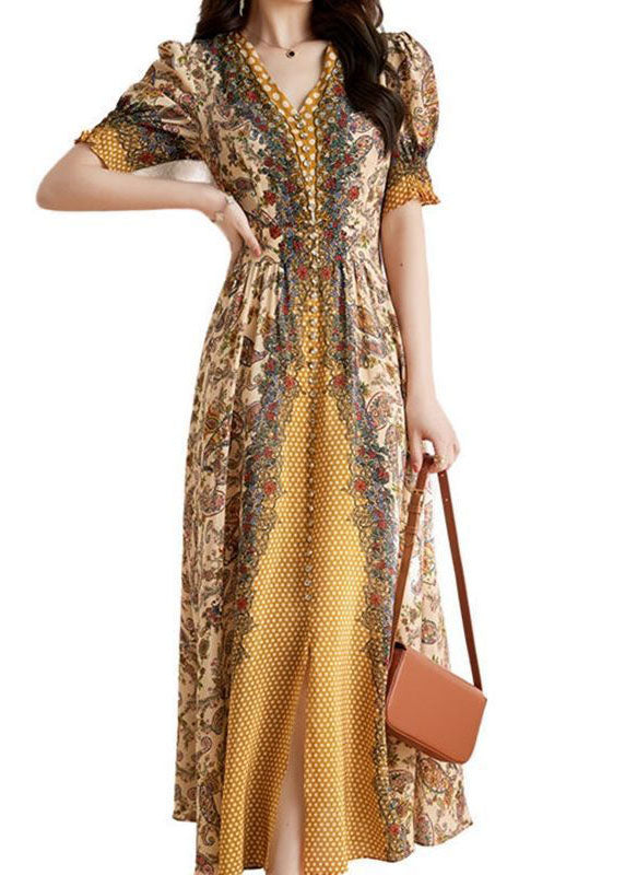 French Yellow V Neck Patchwork Print Silk Long Dress Summer