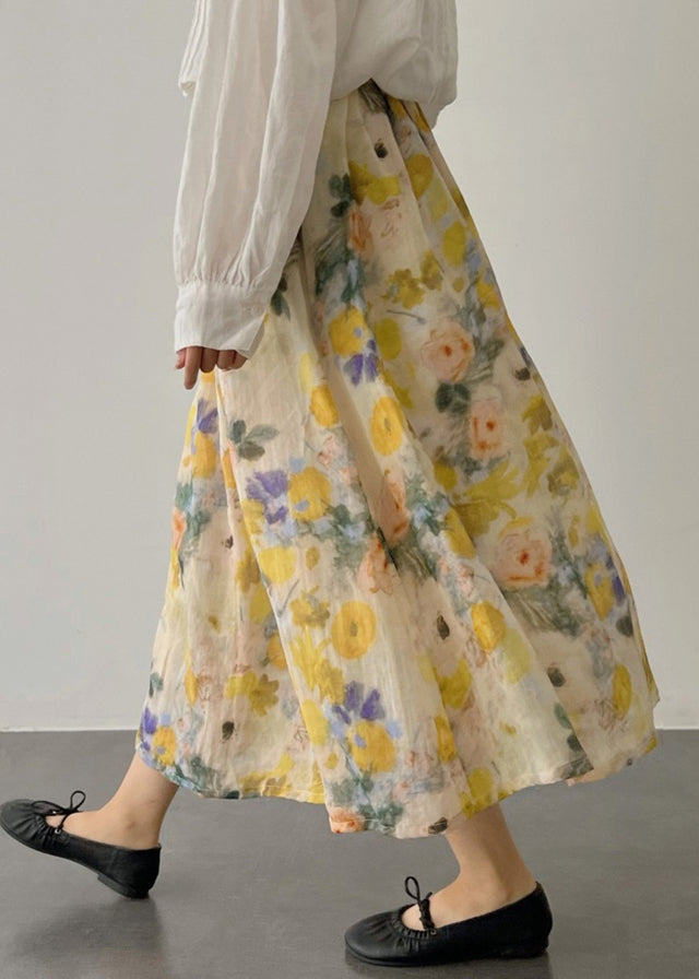 French Yellow Wrinkled Print Elastic Waist Cotton Skirt Summer