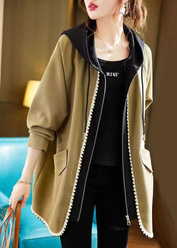 French Yellow Zip Up Pockets Patchwork Cotton Hooded Coat Fall - Omychic