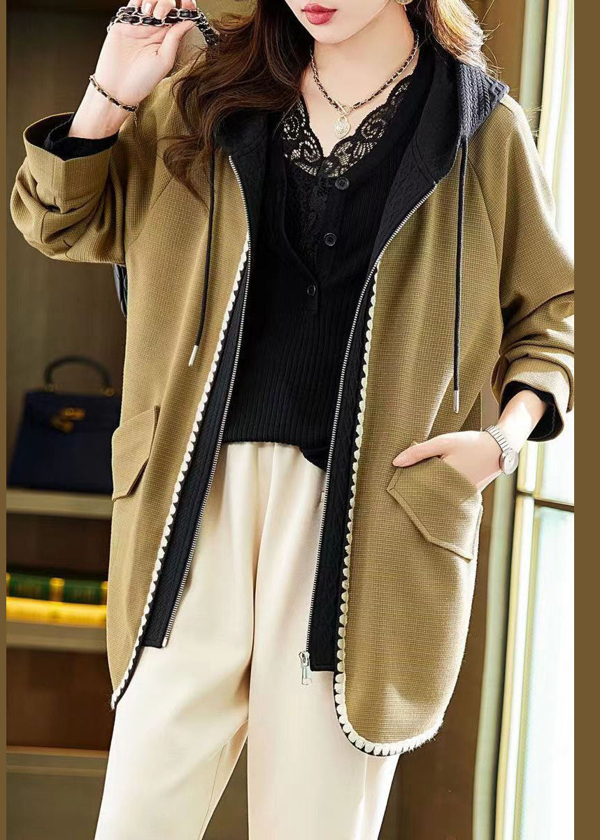 French Yellow Zip Up Pockets Patchwork Cotton Hooded Coat Fall - Omychic