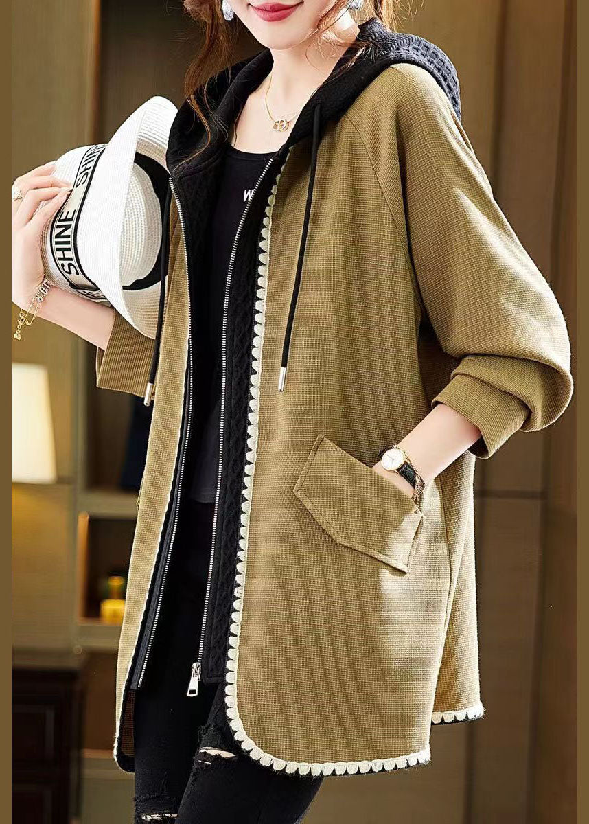 French Yellow Zip Up Pockets Patchwork Cotton Hooded Coat Fall - Omychic