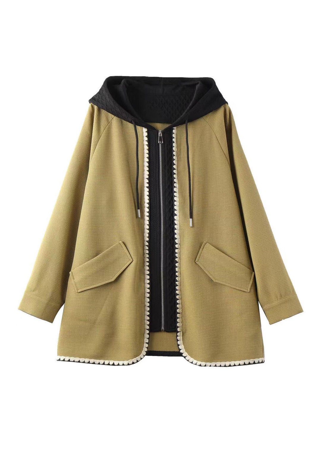 French Yellow Zip Up Pockets Patchwork Cotton Hooded Coat Fall