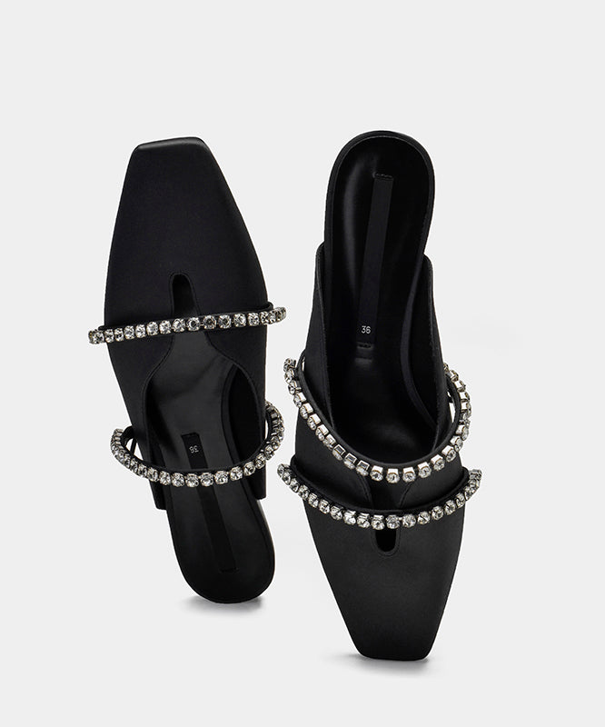 French Zircon Splicing Black Satin Slide Sandals