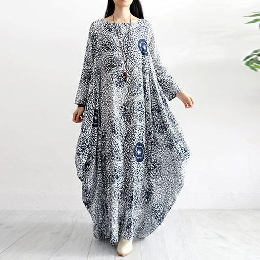 French asymmetric cotton dresses Wardrobes blue prints Plus Size Dress autumn - Omychic