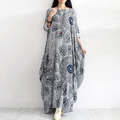 French asymmetric cotton dresses Wardrobes blue prints Plus Size Dress autumn - Omychic