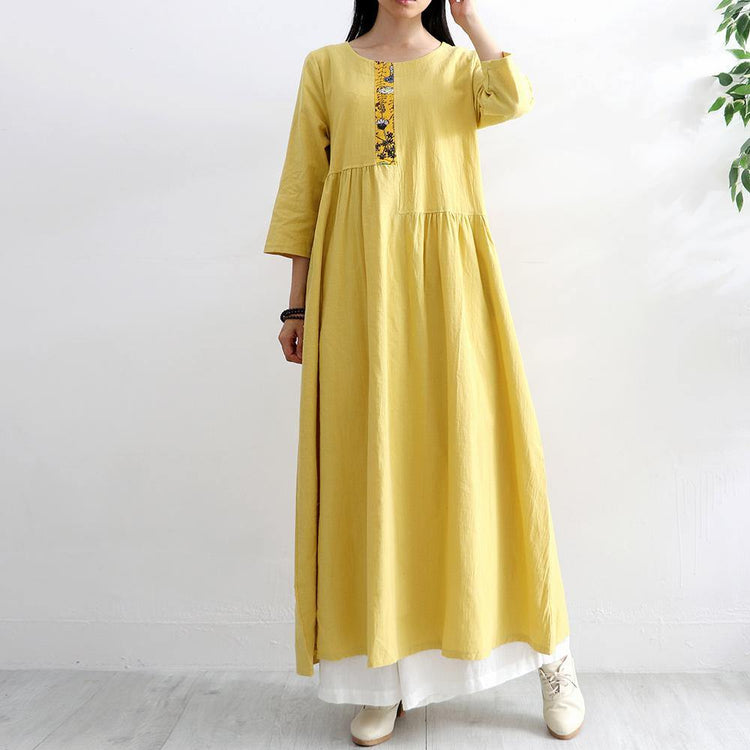 French asymmetric patchwork cotton quilting clothes Photography yellow high waist A Line Dress summer - Omychic