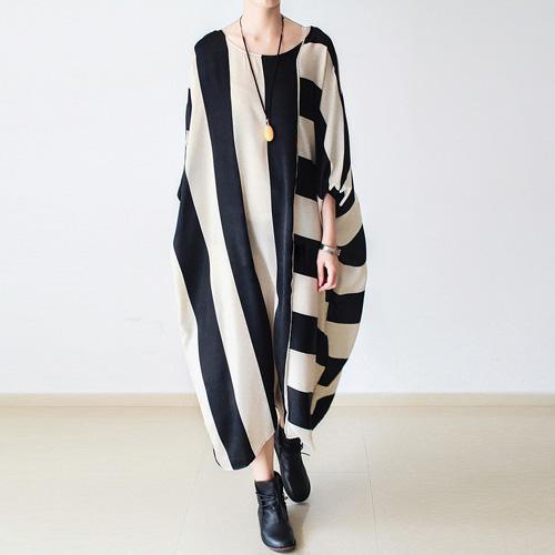 French beige striped chiffon Long Shirts Omychic Neckline Batwing Sleeve Maxi Dress - Omychic