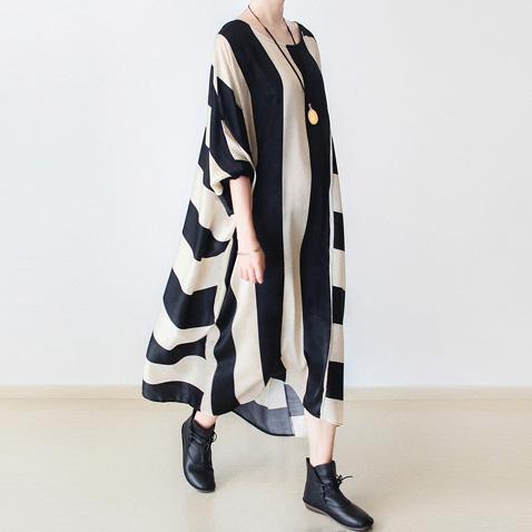 French beige striped chiffon Long Shirts Omychic Neckline Batwing Sleeve Maxi Dress - Omychic