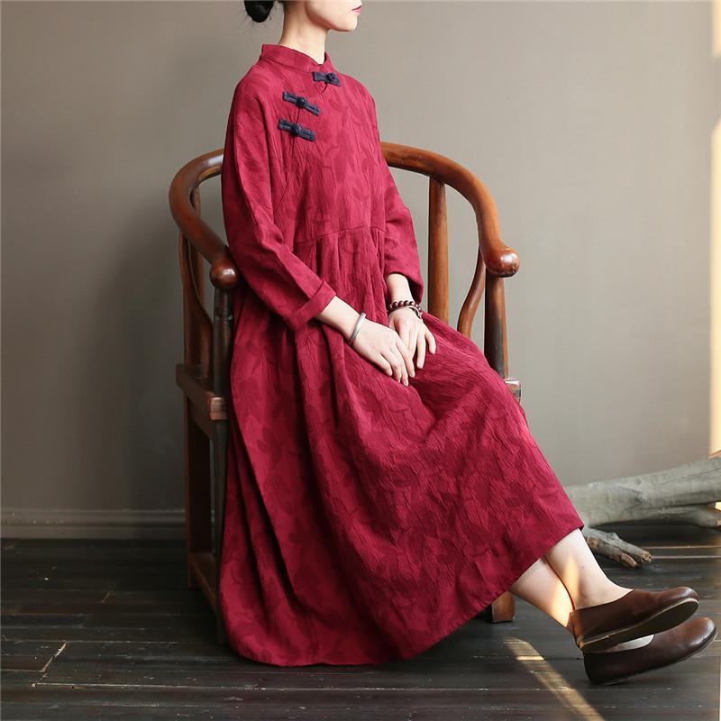 French big hem cotton stand collar quilting dresses Catwalk burgundy cotton robes Dress - Omychic