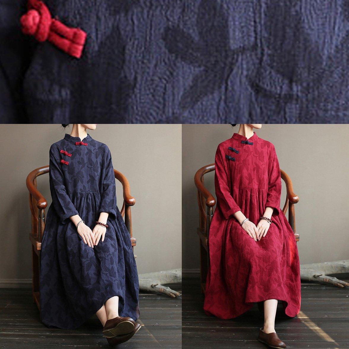 French big hem cotton stand collar quilting dresses Catwalk burgundy cotton robes Dress - Omychic