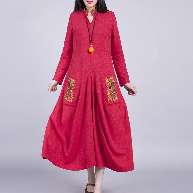 French big pockets embroidery cotton linen quilting dresses Runway red v neck Dress autumn - Omychic