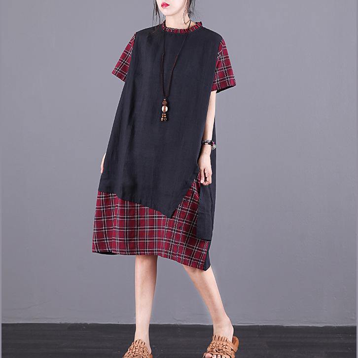 French black Plaid linen Robes pockets false two pieces Plus Size summer Dress - Omychic