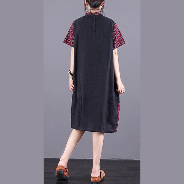 French black Plaid linen Robes pockets false two pieces Plus Size summer Dress - Omychic