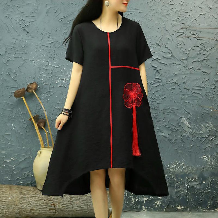 French black embroidery linen outfit o neck tassel oversized summer Dress - Omychic