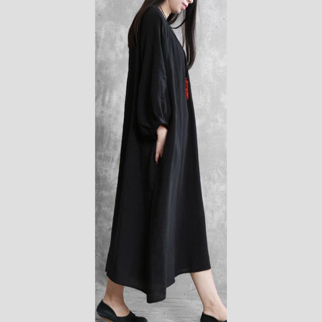 French black linen dress o neck Batwing Sleeve Traveling Dress - Omychic