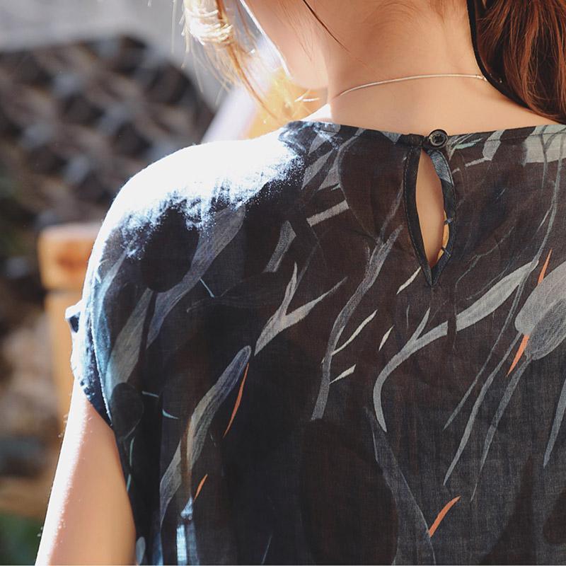 French black print linen Robes 2019 design o neck tunic summer Dress - Omychic
