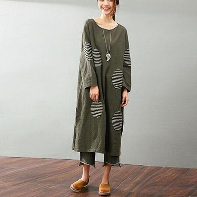 French blackish green Cotton outfit Stitches Inspiration patchwork asymmetric Plus Size spring Dress - Omychic