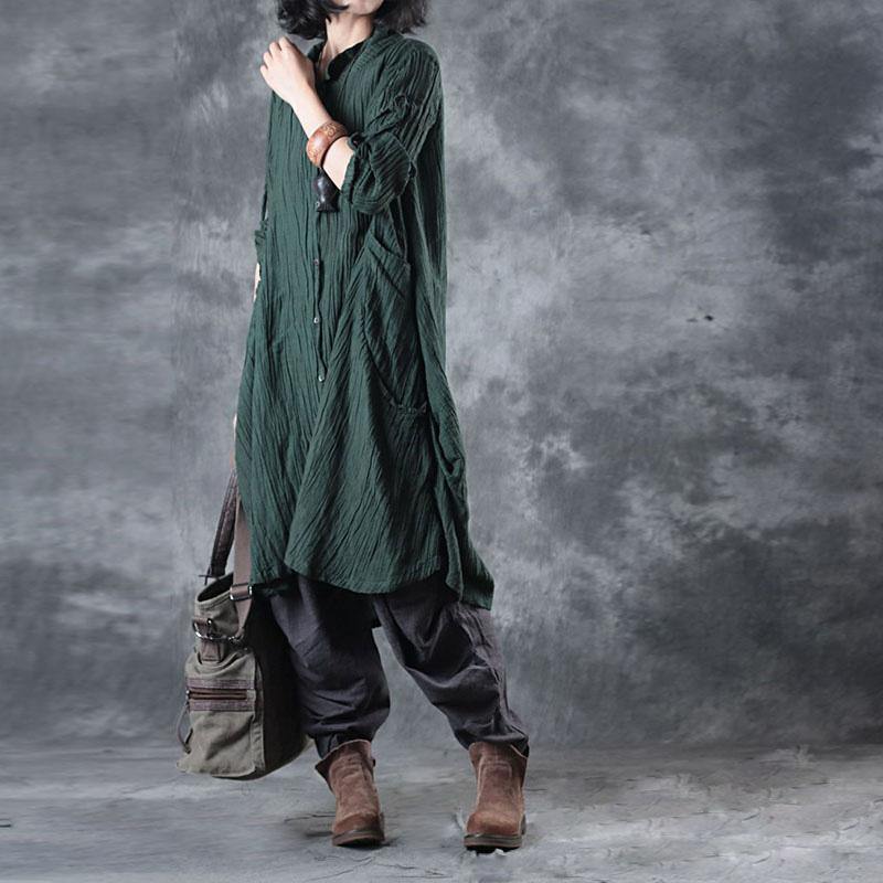 French blackish green linen tunic lapel wrinkled loose fall long shirt - Omychic