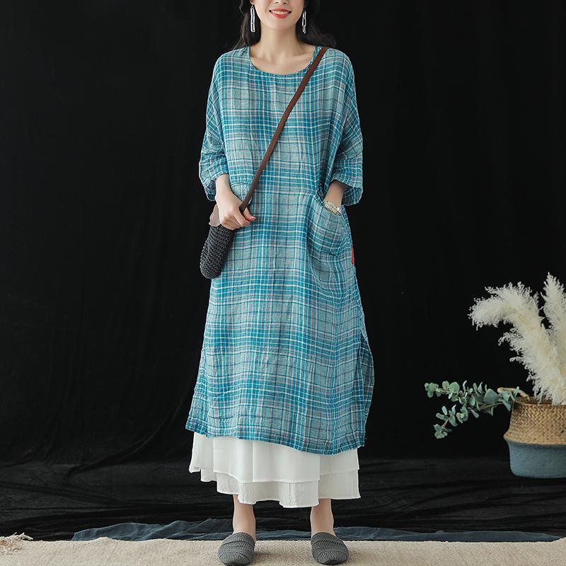 French blue Plaid linen clothes o neck pockets Robe summer Dresses - Omychic