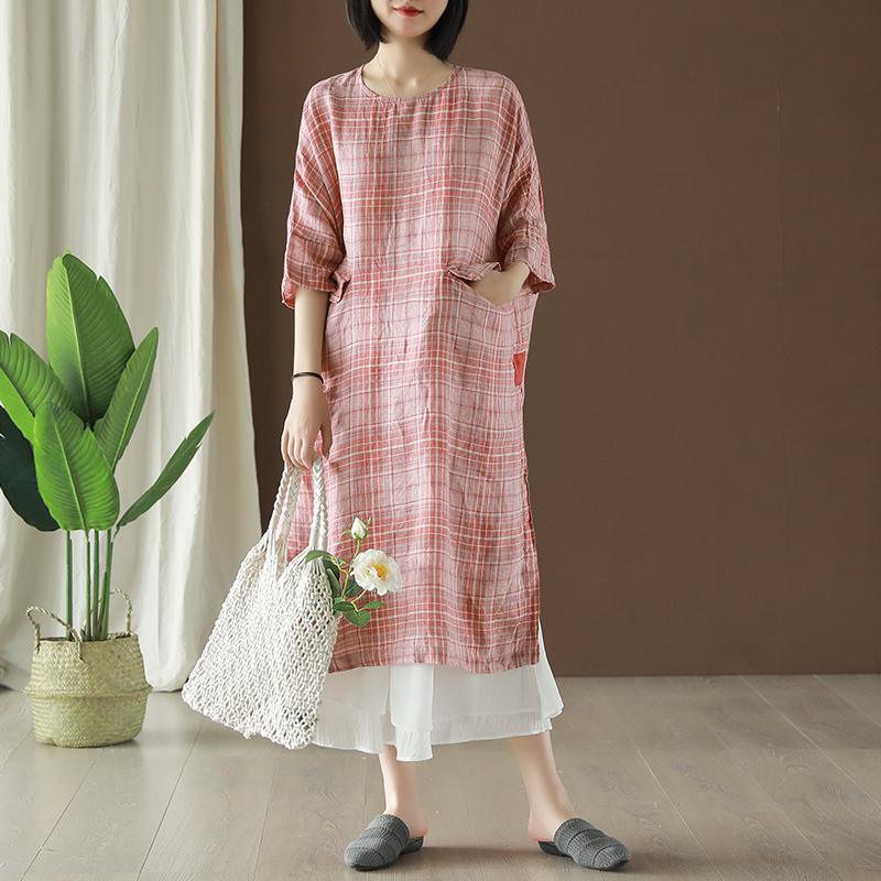 French blue Plaid linen clothes o neck pockets Robe summer Dresses - Omychic