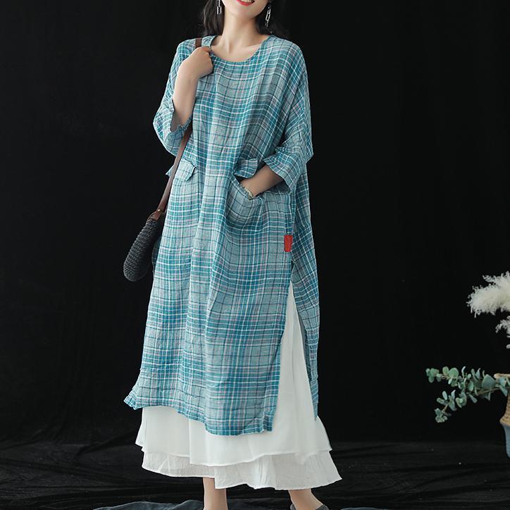 French blue Plaid linen clothes o neck pockets Robe summer Dresses - Omychic