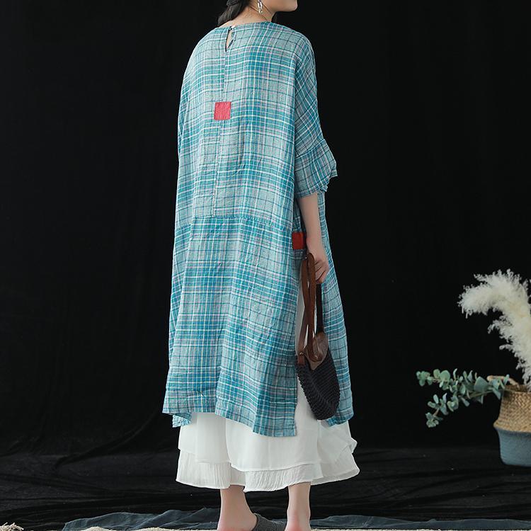 French blue Plaid linen clothes o neck pockets Robe summer Dresses - Omychic