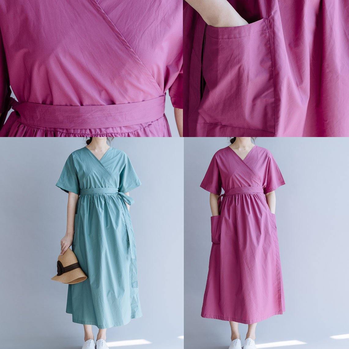 French blue green cotton tunic dress v neck tie waist Traveling summer Dresses - Omychic
