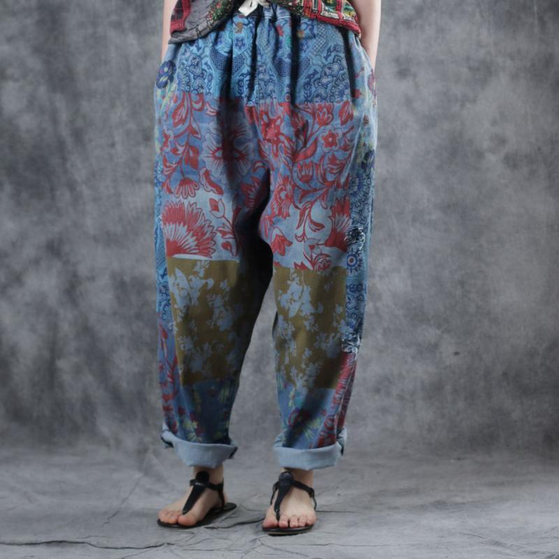 French blue print cotton Long harem pants elastic waist Plus Size summer pant - Omychic