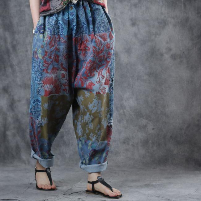 French blue print cotton Long harem pants elastic waist Plus Size summer pant - Omychic