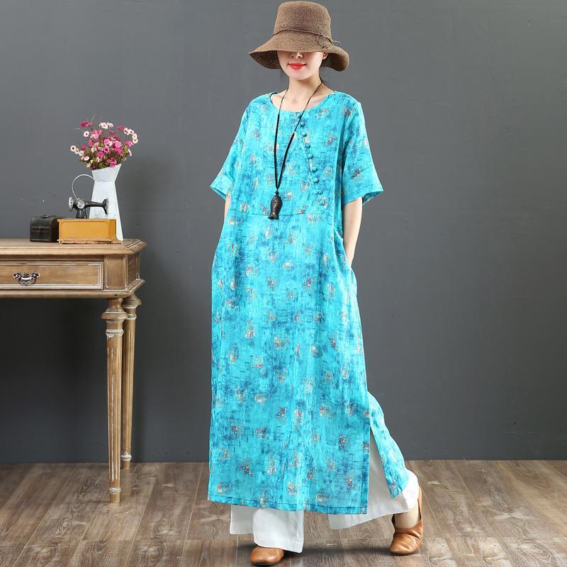 French blue print linen outfit 2019 Neckline o neck side open Art Summer Dresses - Omychic