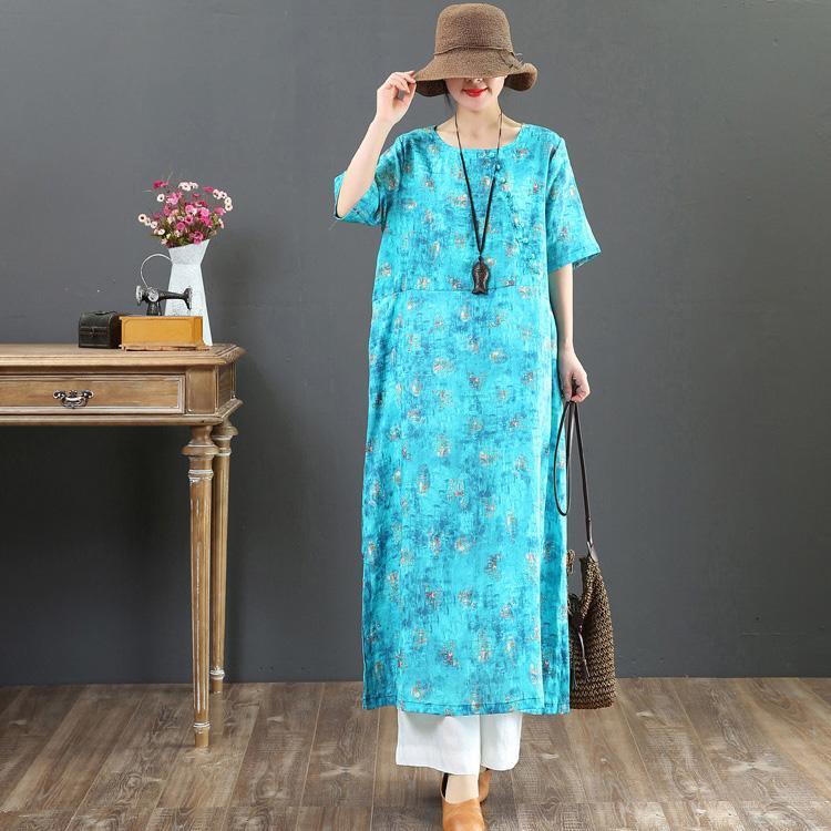 French blue print linen outfit 2019 Neckline o neck side open Art Summer Dresses - Omychic