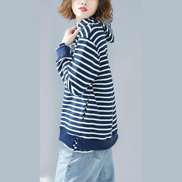 French blue striped cotton Blouse Korea Work Outfits hooded drawstring Vestidos De Lino shirt - Omychic