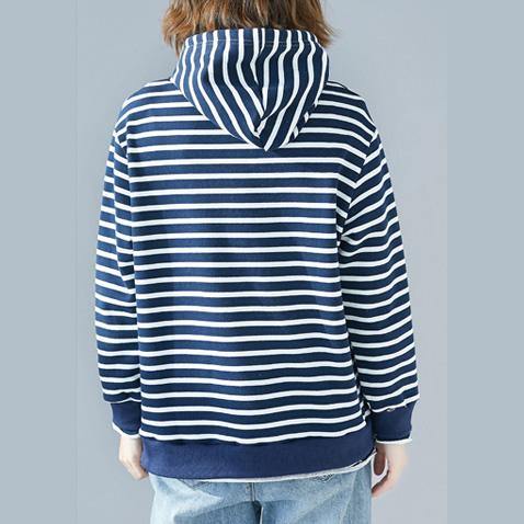 French blue striped cotton Blouse Korea Work Outfits hooded drawstring Vestidos De Lino shirt - Omychic
