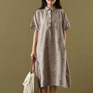 French brown dotted linen outfit lapel pockets short summer Dresses - Omychic