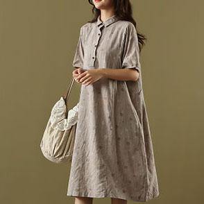 French brown dotted linen outfit lapel pockets short summer Dresses - Omychic