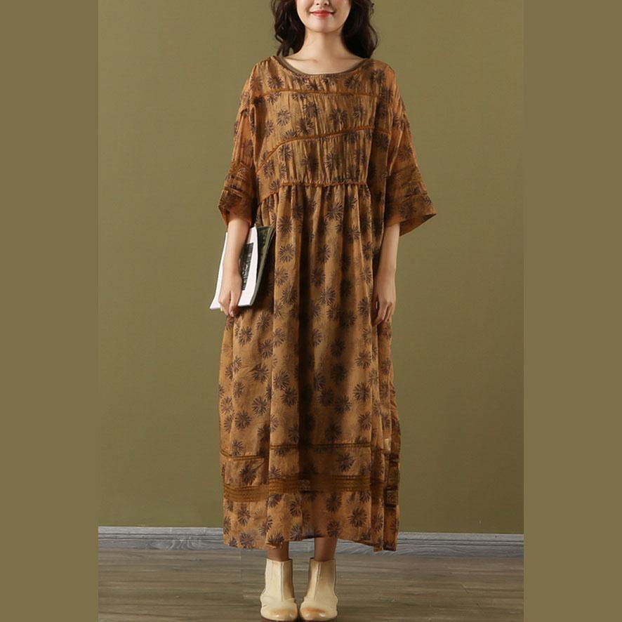 French brown print linen Long o neck patchwork two pieces Maxi summer Dresses - Omychic