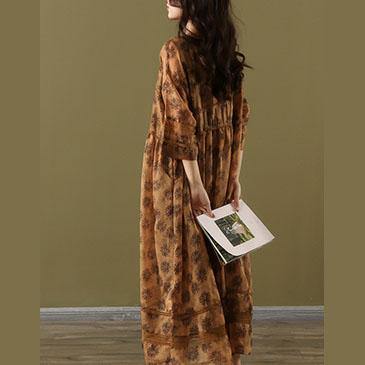 French brown print linen Long o neck patchwork two pieces Maxi summer Dresses - Omychic