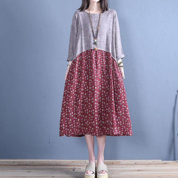 French burgundy print linen Tunics o neck patchwork Vestidos De Lino summer Dress - Omychic