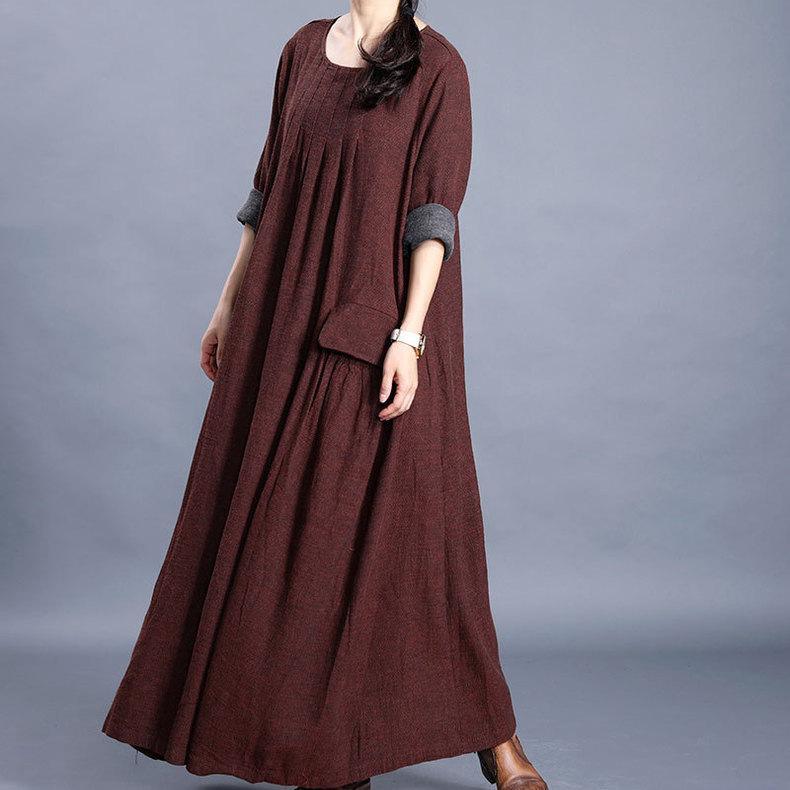 French chocolate linen cotton Long Shirts o neck pockets Maxi spring Dresses - Omychic
