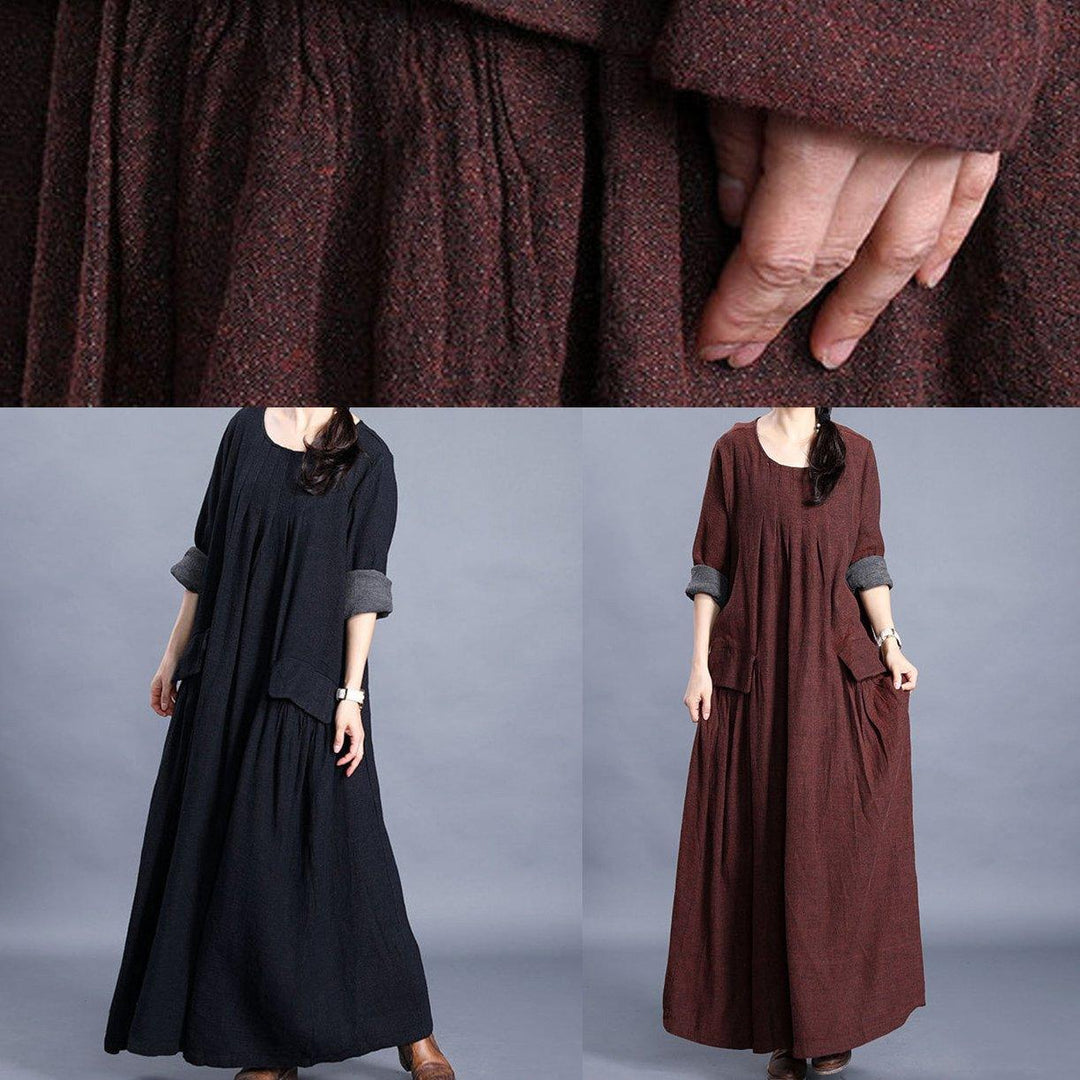 French chocolate linen cotton Long Shirts o neck pockets Maxi spring Dresses - Omychic