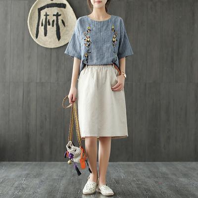 French cotton Blouse Korea Embroidery Striped Half Sleeve Women Blouse - Omychic