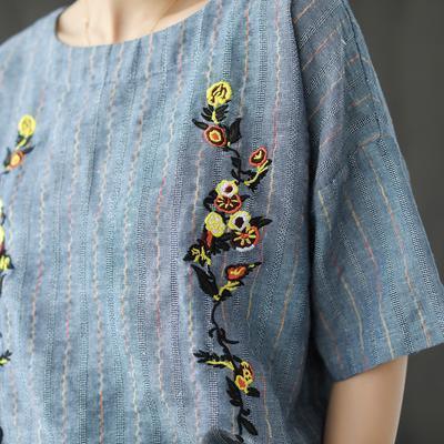 French cotton Blouse Korea Embroidery Striped Half Sleeve Women Blouse - Omychic