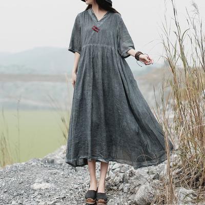 French cotton Half Sleeve Tunics stylish v neck gray Fashion Loose Dress - Omychic