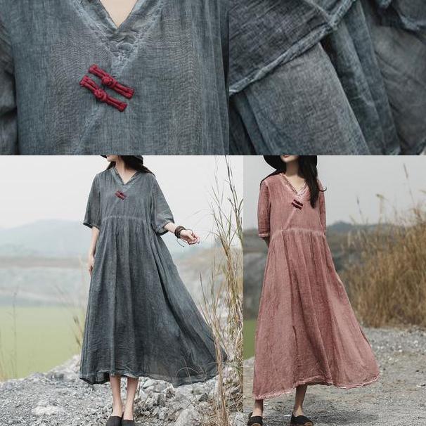 French cotton Half Sleeve Tunics stylish v neck gray Fashion Loose Dress - Omychic