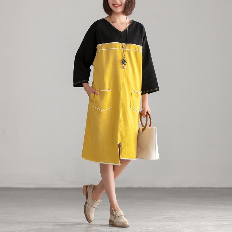 French cotton Wardrobes 2019 Yellow Women Cotton Autumn Holes Dress - Omychic